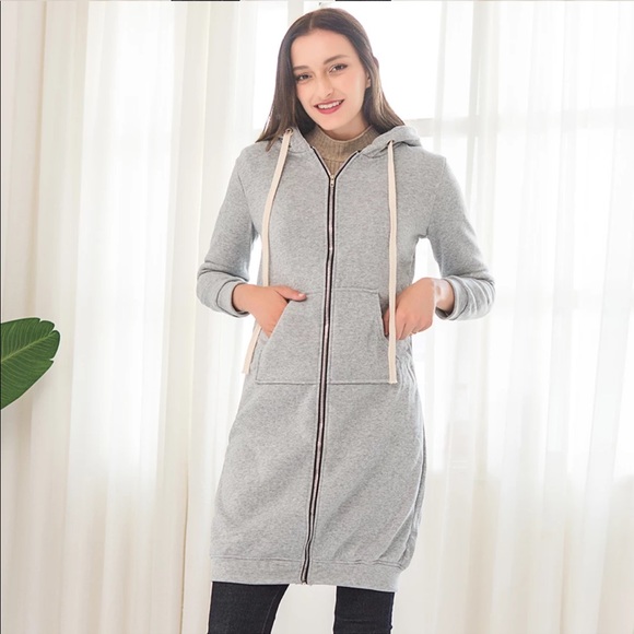 1 Left! Grey Long Zip Up Hoodie Sweater Dress - Picture 4 of 6